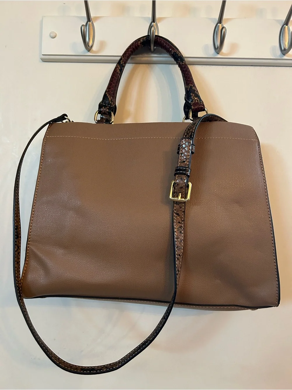 Gianni Bini Taupe Structured Satchel with Gold Chain Accent